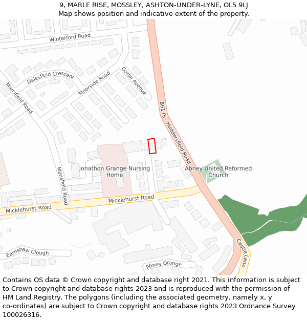 9, MARLE RISE, MOSSLEY, ASHTON-UNDER-LYNE, OL5 9LJ: Location map and indicative extent of plot