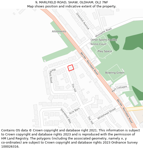 9, MARLFIELD ROAD, SHAW, OLDHAM, OL2 7NF: Location map and indicative extent of plot