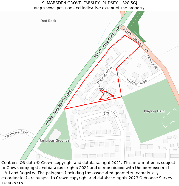 9, MARSDEN GROVE, FARSLEY, PUDSEY, LS28 5GJ: Location map and indicative extent of plot