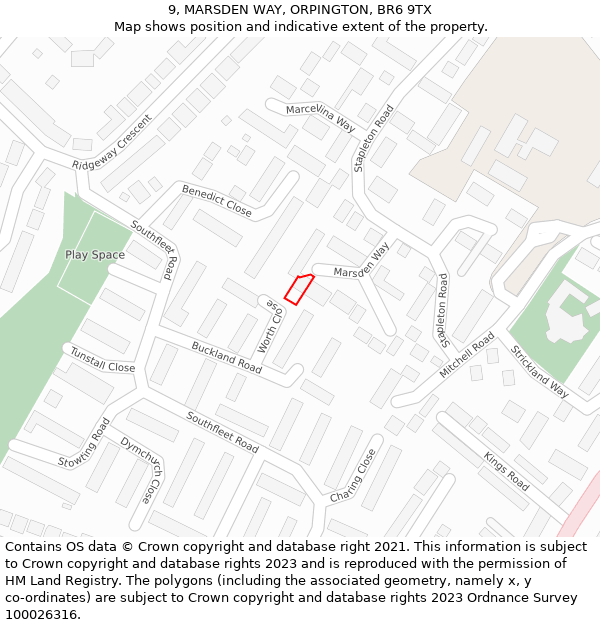 9, MARSDEN WAY, ORPINGTON, BR6 9TX: Location map and indicative extent of plot