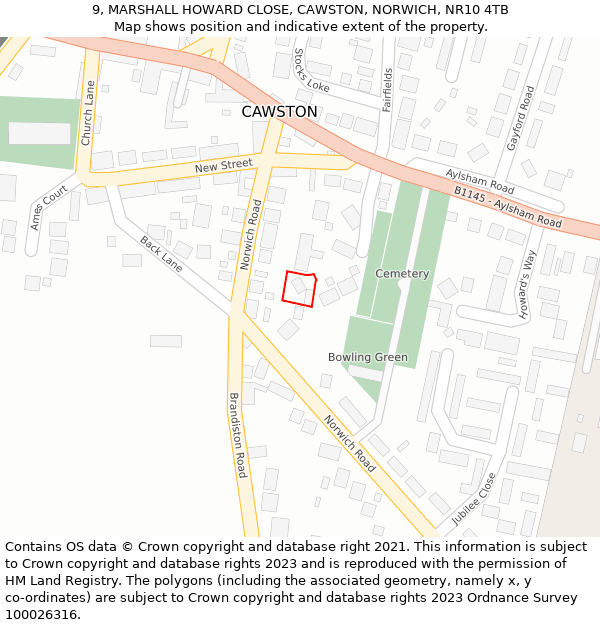 9, MARSHALL HOWARD CLOSE, CAWSTON, NORWICH, NR10 4TB: Location map and indicative extent of plot