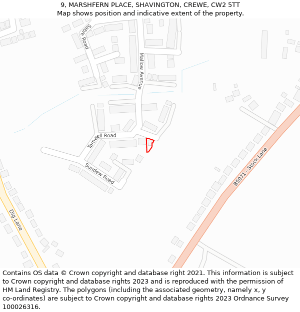 9, MARSHFERN PLACE, SHAVINGTON, CREWE, CW2 5TT: Location map and indicative extent of plot