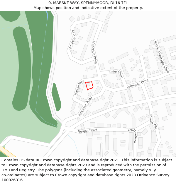 9, MARSKE WAY, SPENNYMOOR, DL16 7FL: Location map and indicative extent of plot