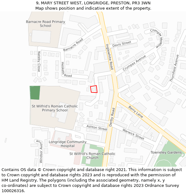 9, MARY STREET WEST, LONGRIDGE, PRESTON, PR3 3WN: Location map and indicative extent of plot