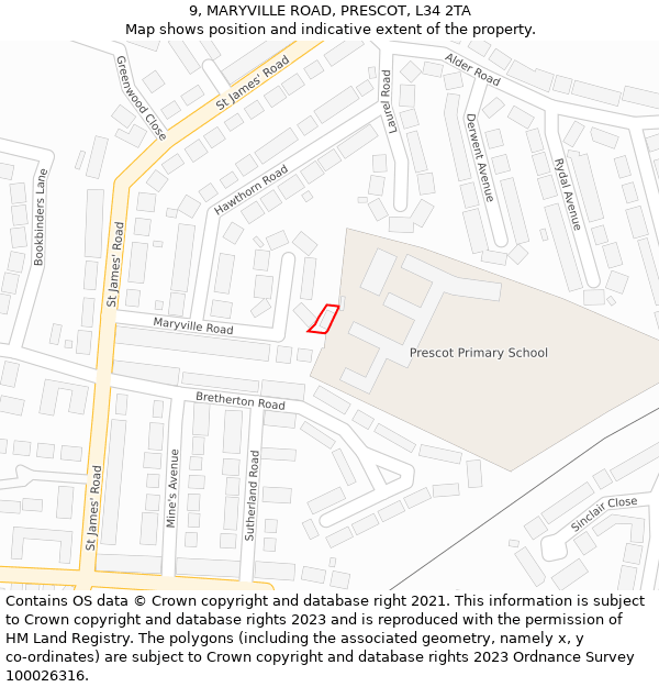 9, MARYVILLE ROAD, PRESCOT, L34 2TA: Location map and indicative extent of plot