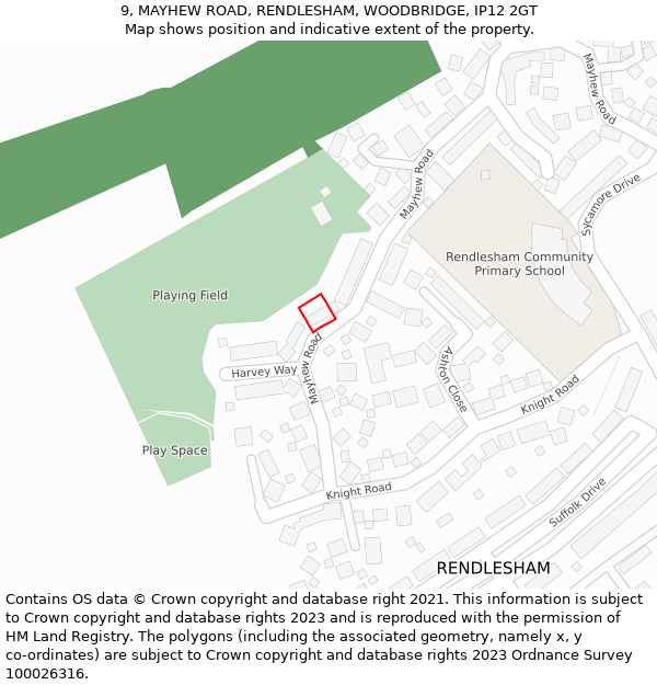 9, MAYHEW ROAD, RENDLESHAM, WOODBRIDGE, IP12 2GT: Location map and indicative extent of plot