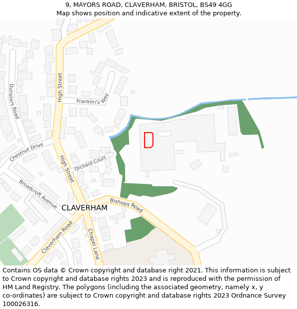 9, MAYORS ROAD, CLAVERHAM, BRISTOL, BS49 4GG: Location map and indicative extent of plot
