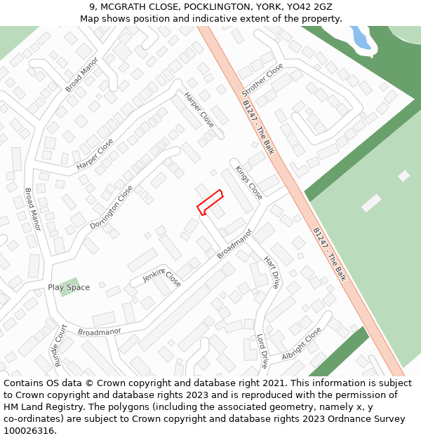 9, MCGRATH CLOSE, POCKLINGTON, YORK, YO42 2GZ: Location map and indicative extent of plot