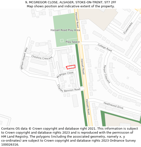 9, MCGREGOR CLOSE, ALSAGER, STOKE-ON-TRENT, ST7 2FF: Location map and indicative extent of plot