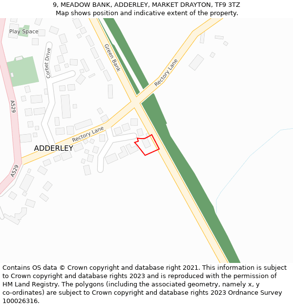 9, MEADOW BANK, ADDERLEY, MARKET DRAYTON, TF9 3TZ: Location map and indicative extent of plot