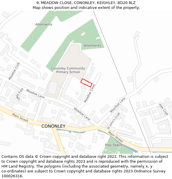 9, MEADOW CLOSE, CONONLEY, KEIGHLEY, BD20 8LZ: Location map and indicative extent of plot