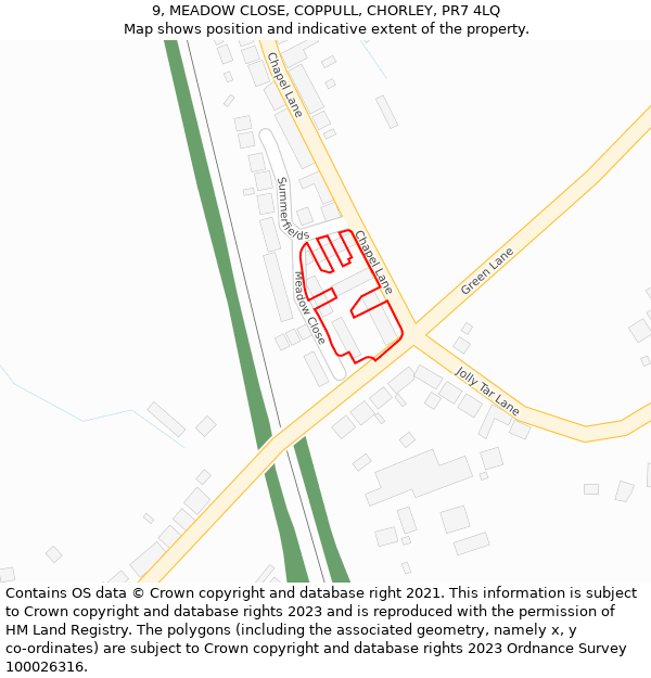 9, MEADOW CLOSE, COPPULL, CHORLEY, PR7 4LQ: Location map and indicative extent of plot