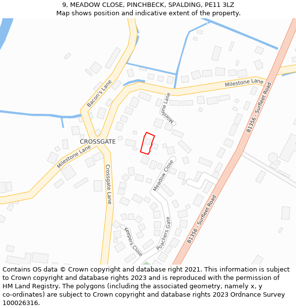 9, MEADOW CLOSE, PINCHBECK, SPALDING, PE11 3LZ: Location map and indicative extent of plot