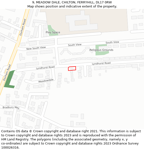 9, MEADOW DALE, CHILTON, FERRYHILL, DL17 0RW: Location map and indicative extent of plot