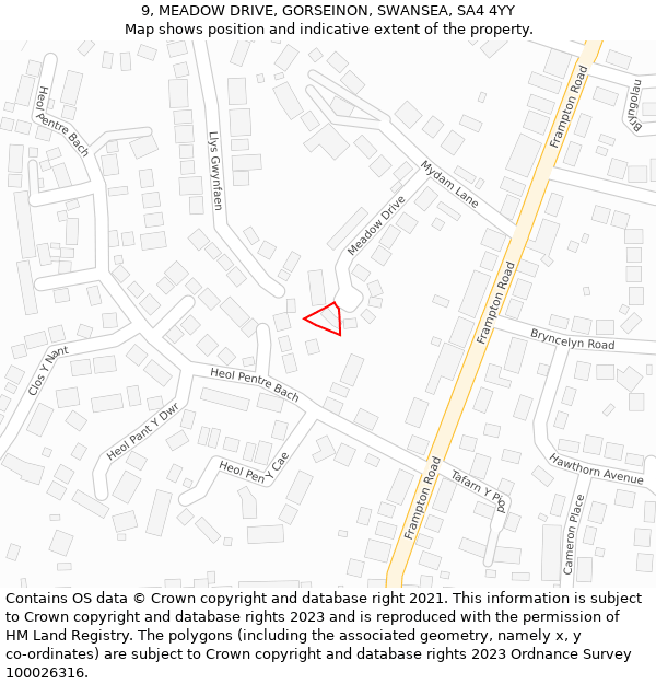 9, MEADOW DRIVE, GORSEINON, SWANSEA, SA4 4YY: Location map and indicative extent of plot