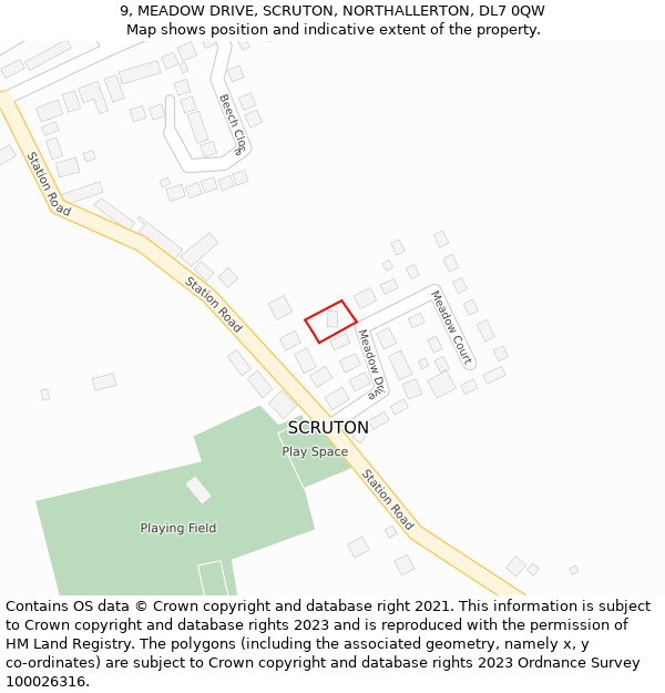 9, MEADOW DRIVE, SCRUTON, NORTHALLERTON, DL7 0QW: Location map and indicative extent of plot