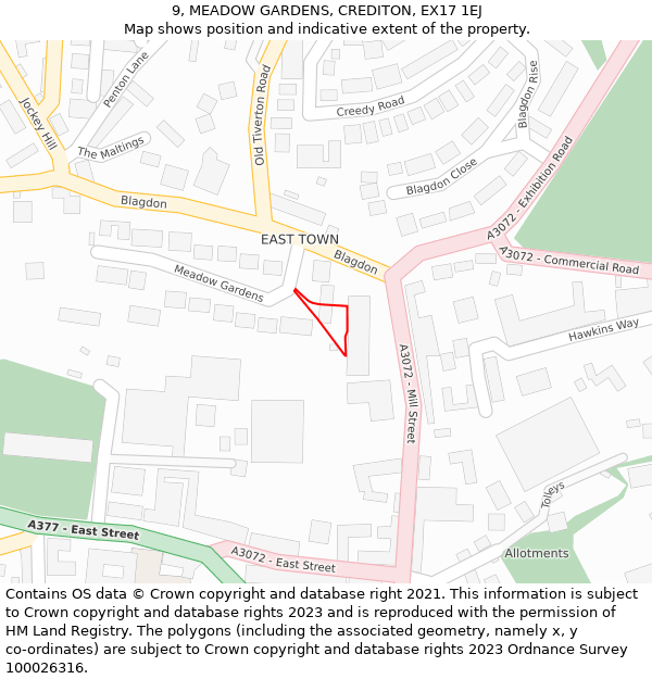 9, MEADOW GARDENS, CREDITON, EX17 1EJ: Location map and indicative extent of plot