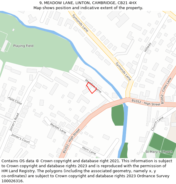 9, MEADOW LANE, LINTON, CAMBRIDGE, CB21 4HX: Location map and indicative extent of plot