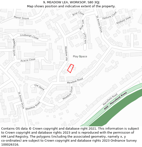 9, MEADOW LEA, WORKSOP, S80 3QJ: Location map and indicative extent of plot