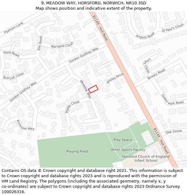 9, MEADOW WAY, HORSFORD, NORWICH, NR10 3SD: Location map and indicative extent of plot