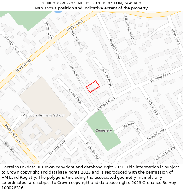 9, MEADOW WAY, MELBOURN, ROYSTON, SG8 6EA: Location map and indicative extent of plot