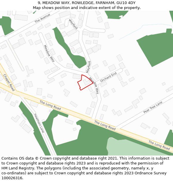 9, MEADOW WAY, ROWLEDGE, FARNHAM, GU10 4DY: Location map and indicative extent of plot