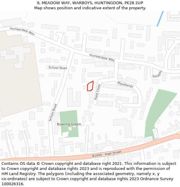 9, MEADOW WAY, WARBOYS, HUNTINGDON, PE28 2UP: Location map and indicative extent of plot