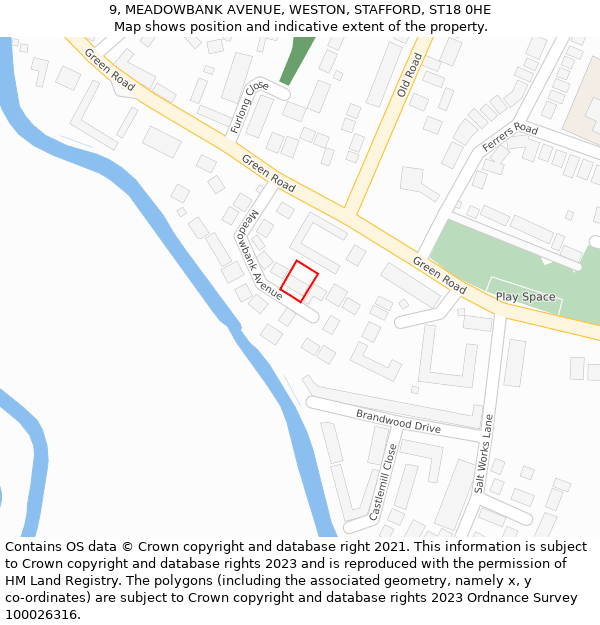 9, MEADOWBANK AVENUE, WESTON, STAFFORD, ST18 0HE: Location map and indicative extent of plot