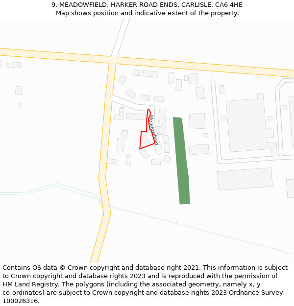 9, MEADOWFIELD, HARKER ROAD ENDS, CARLISLE, CA6 4HE: Location map and indicative extent of plot