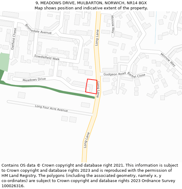 9, MEADOWS DRIVE, MULBARTON, NORWICH, NR14 8GX: Location map and indicative extent of plot