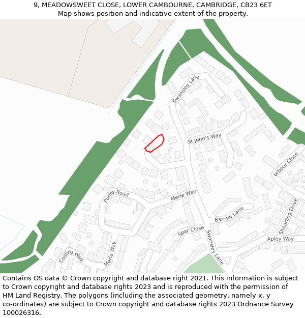 9, MEADOWSWEET CLOSE, LOWER CAMBOURNE, CAMBRIDGE, CB23 6ET: Location map and indicative extent of plot