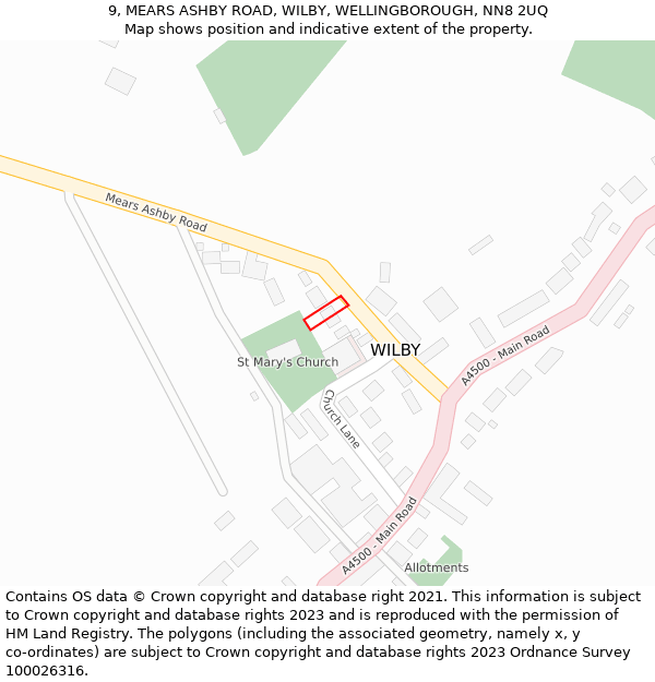9, MEARS ASHBY ROAD, WILBY, WELLINGBOROUGH, NN8 2UQ: Location map and indicative extent of plot