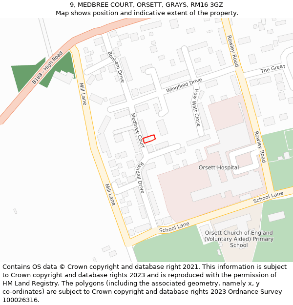 9, MEDBREE COURT, ORSETT, GRAYS, RM16 3GZ: Location map and indicative extent of plot