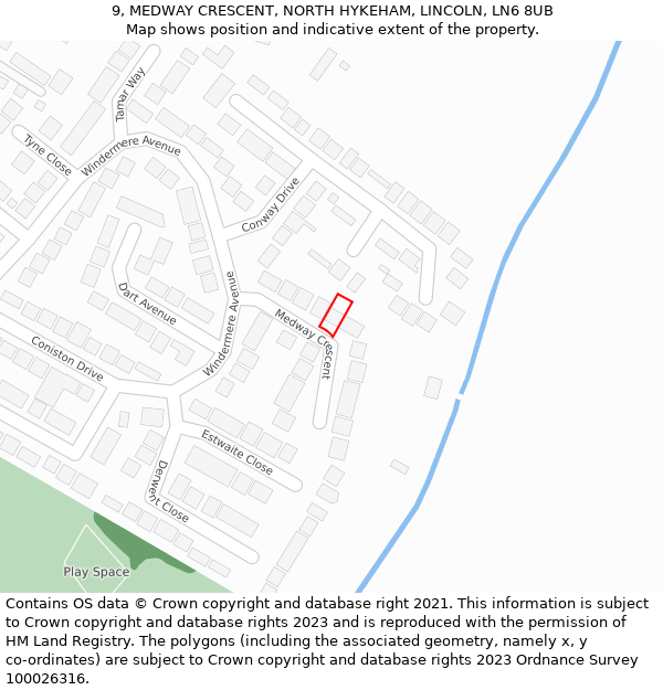 9, MEDWAY CRESCENT, NORTH HYKEHAM, LINCOLN, LN6 8UB: Location map and indicative extent of plot