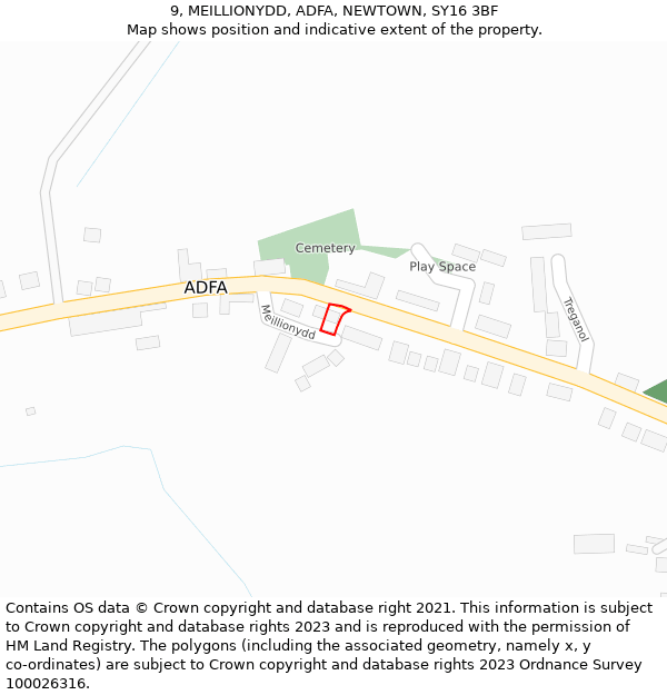 9, MEILLIONYDD, ADFA, NEWTOWN, SY16 3BF: Location map and indicative extent of plot