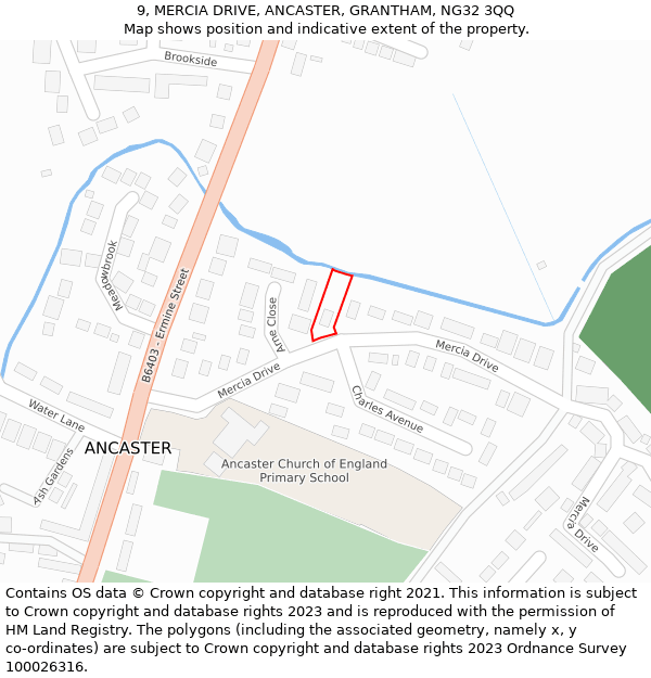 9, MERCIA DRIVE, ANCASTER, GRANTHAM, NG32 3QQ: Location map and indicative extent of plot