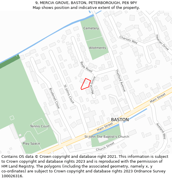 9, MERCIA GROVE, BASTON, PETERBOROUGH, PE6 9PY: Location map and indicative extent of plot