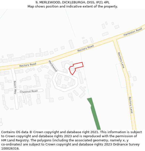 9, MERLEWOOD, DICKLEBURGH, DISS, IP21 4PL: Location map and indicative extent of plot