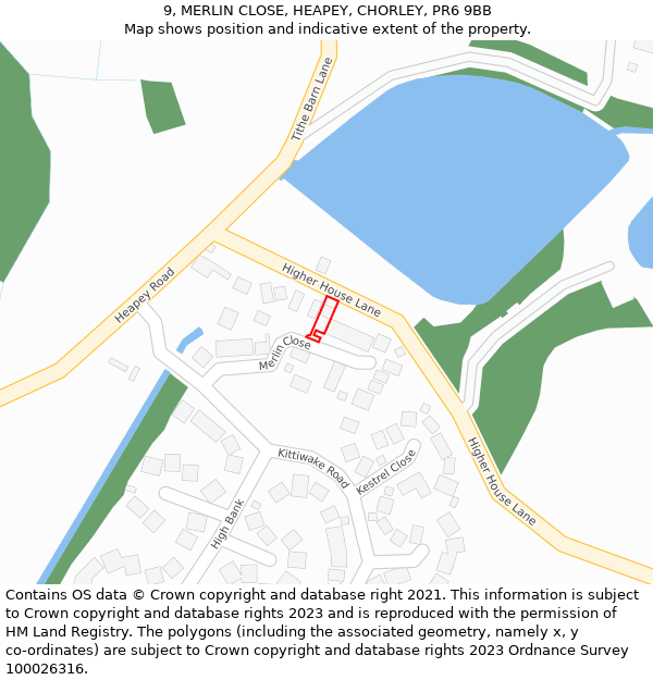 9, MERLIN CLOSE, HEAPEY, CHORLEY, PR6 9BB: Location map and indicative extent of plot