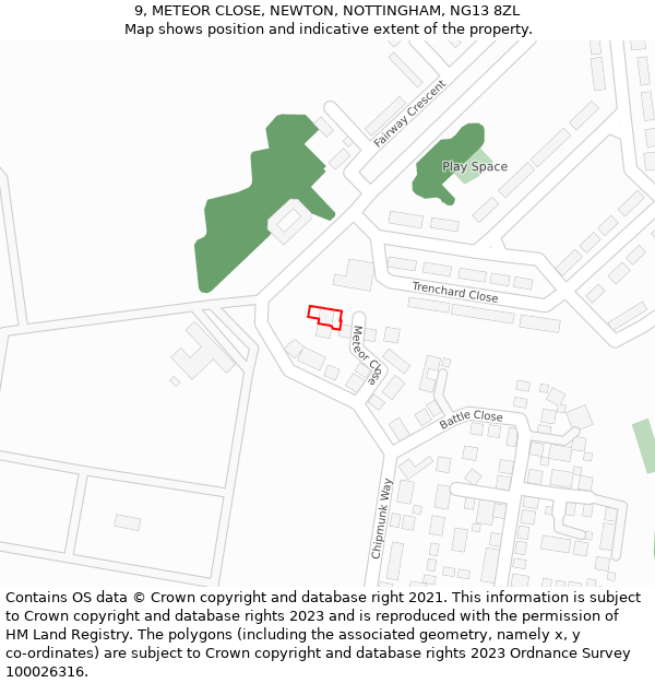 9, METEOR CLOSE, NEWTON, NOTTINGHAM, NG13 8ZL: Location map and indicative extent of plot