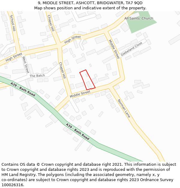 9, MIDDLE STREET, ASHCOTT, BRIDGWATER, TA7 9QD: Location map and indicative extent of plot