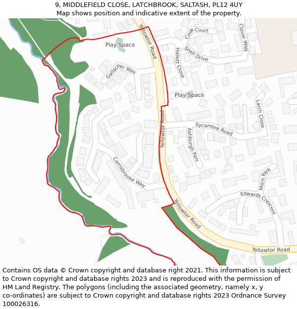 9, MIDDLEFIELD CLOSE, LATCHBROOK, SALTASH, PL12 4UY: Location map and indicative extent of plot