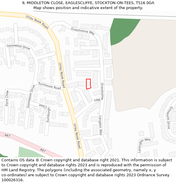 9, MIDDLETON CLOSE, EAGLESCLIFFE, STOCKTON-ON-TEES, TS16 0GA: Location map and indicative extent of plot