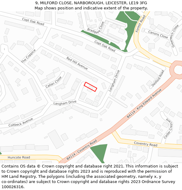 9, MILFORD CLOSE, NARBOROUGH, LEICESTER, LE19 3FG: Location map and indicative extent of plot