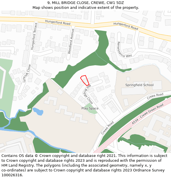 9, MILL BRIDGE CLOSE, CREWE, CW1 5DZ: Location map and indicative extent of plot