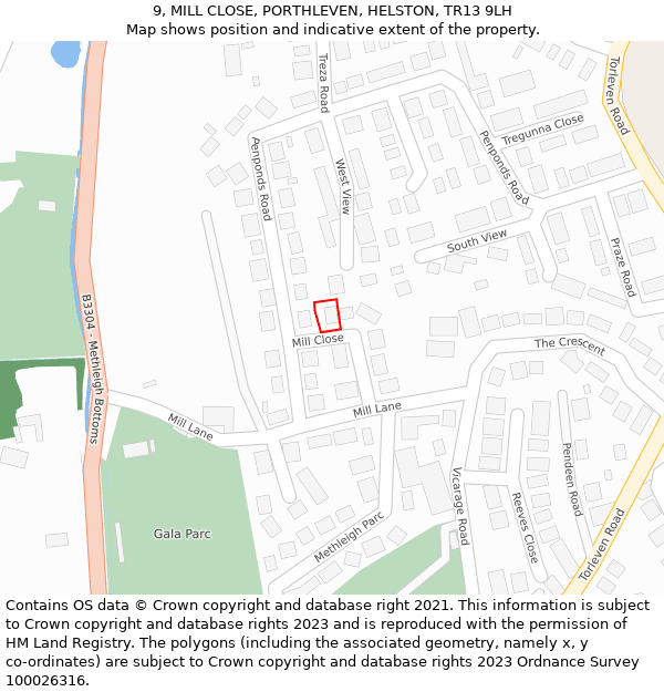 9, MILL CLOSE, PORTHLEVEN, HELSTON, TR13 9LH: Location map and indicative extent of plot