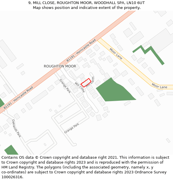 9, MILL CLOSE, ROUGHTON MOOR, WOODHALL SPA, LN10 6UT: Location map and indicative extent of plot