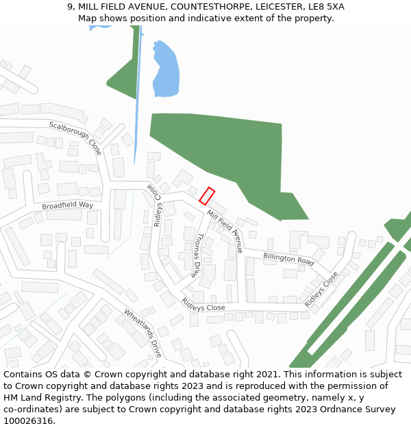 9, MILL FIELD AVENUE, COUNTESTHORPE, LEICESTER, LE8 5XA: Location map and indicative extent of plot