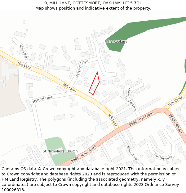 9, MILL LANE, COTTESMORE, OAKHAM, LE15 7DL: Location map and indicative extent of plot
