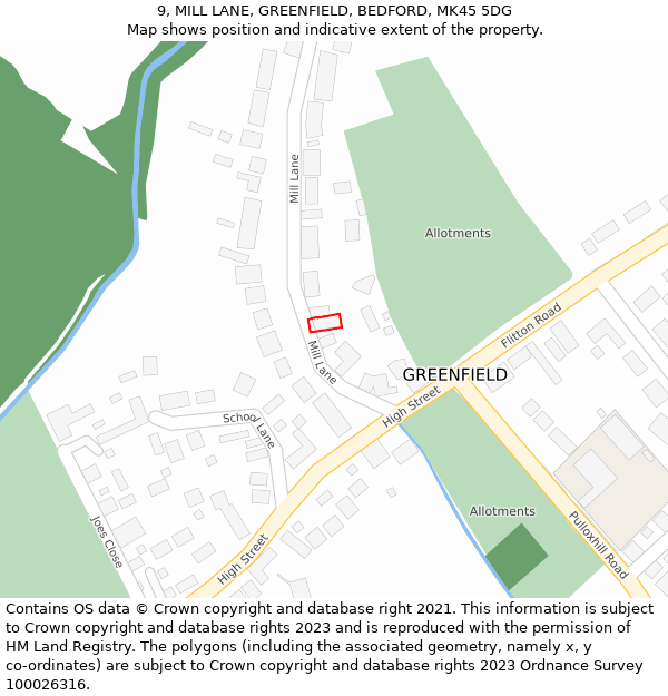 9, MILL LANE, GREENFIELD, BEDFORD, MK45 5DG: Location map and indicative extent of plot
